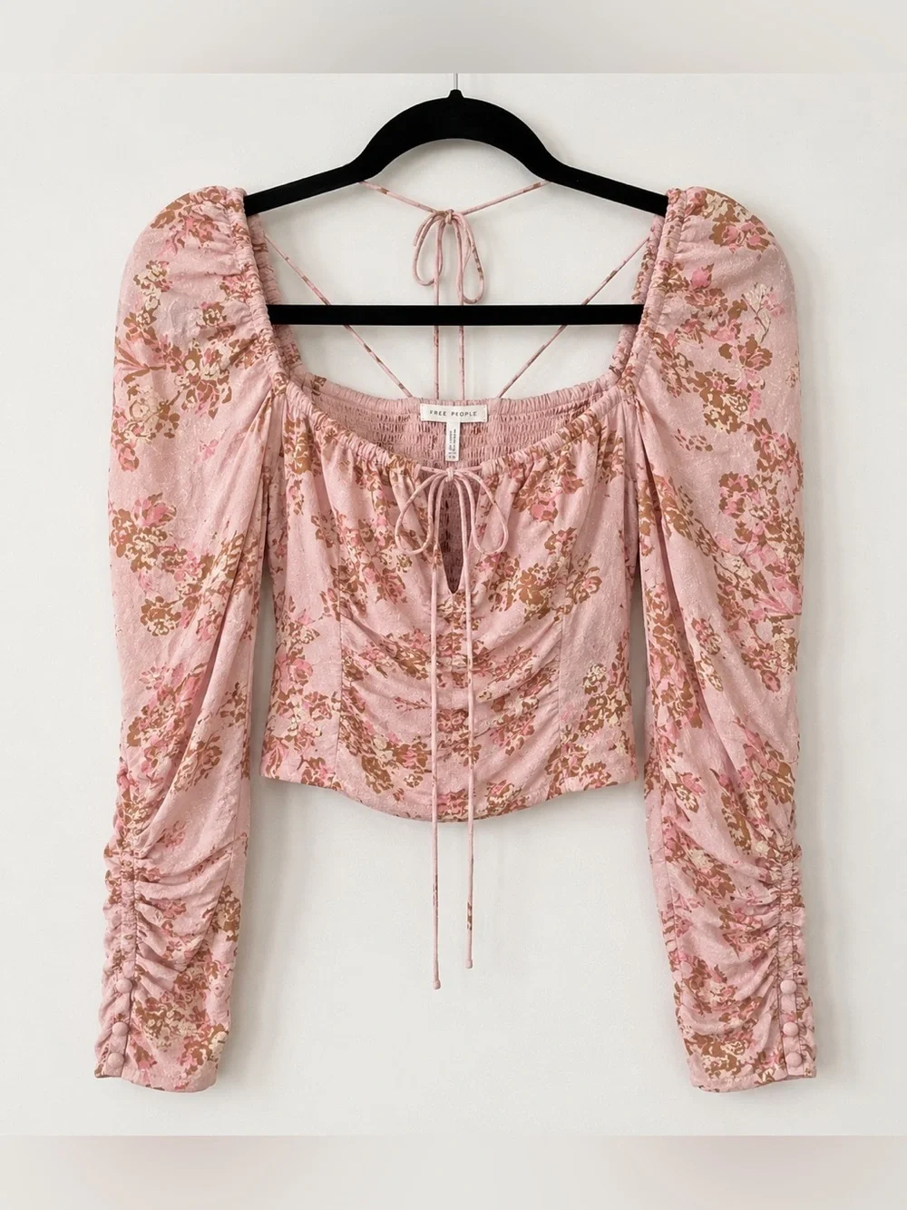 NWT Free People Hilary Pink Floral Smocked Crop Top Blouse Small